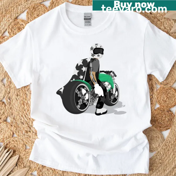 Vintage-style T-shirt featuring a motorcyclist graphic