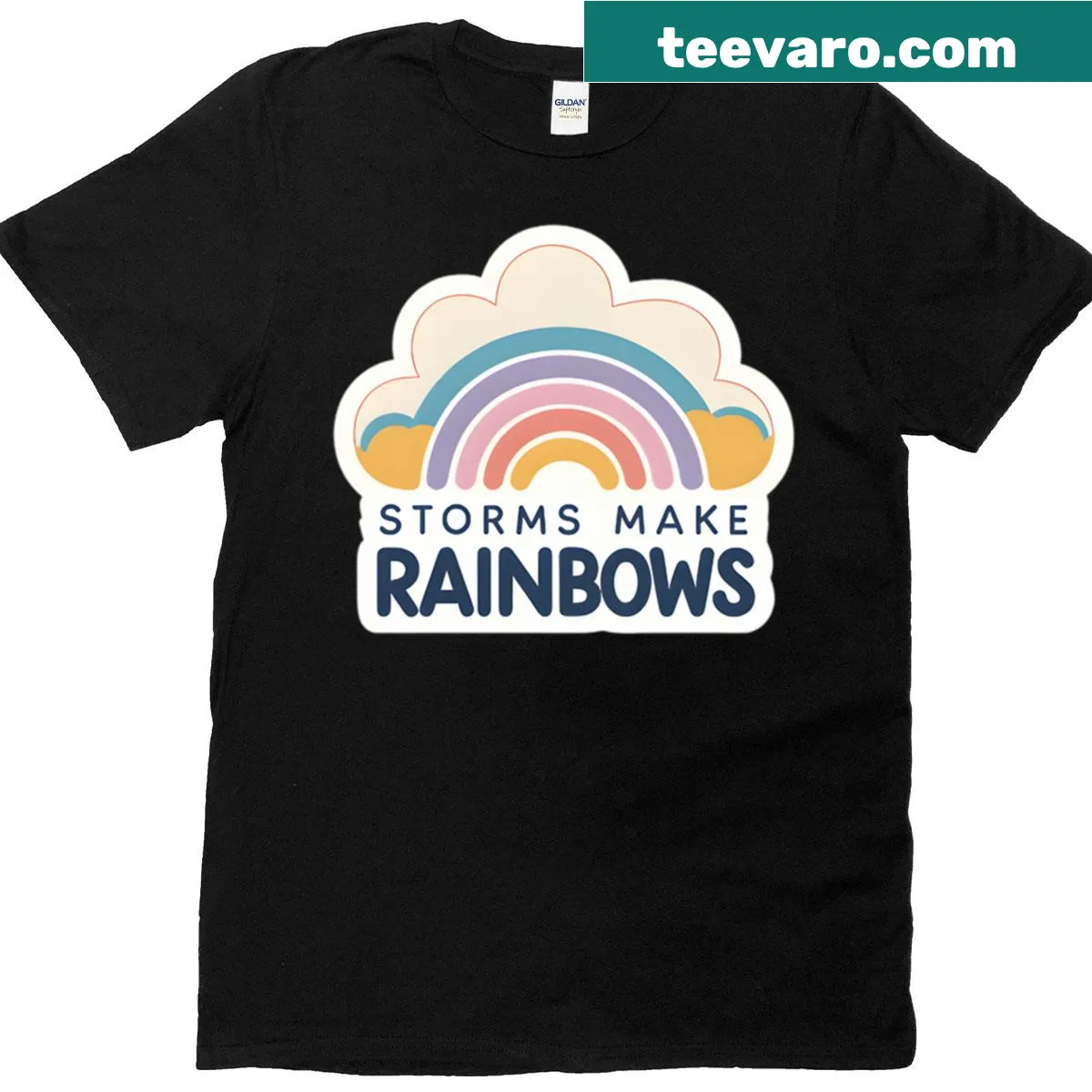 Pastel rainbow graphic t-shirt with the phrase Storms Make Rainbows — on a men's t-shirt