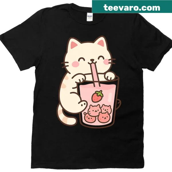 Kawaii cat design with strawberry boba and pink pearls on a T-shirt