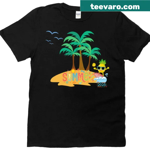 T-shirt featuring a tropical beach scene graphic, perfect for summer lovers.