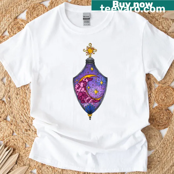 Illustrated sun and moon design on a T-shirt