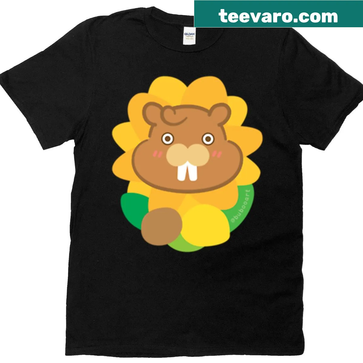 Cute cartoon beaver and floral design on a yellow t-shirt — on a men's t-shirt