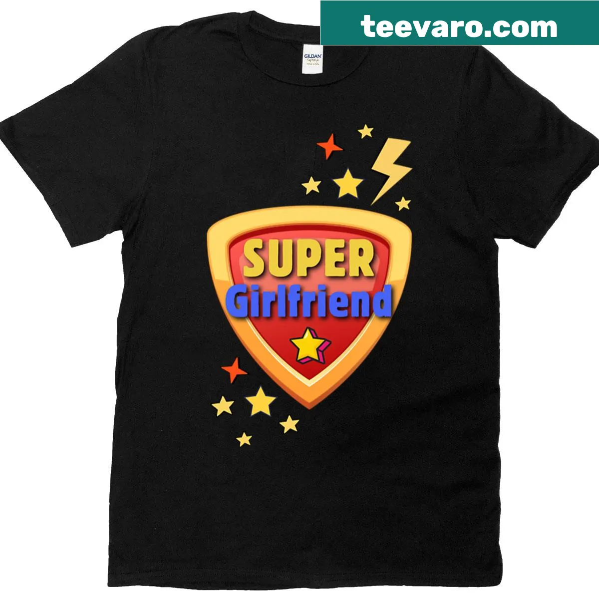 Bold logo Super Girlfriend t-shirt celebrating female empowerment — on a men's t-shirt