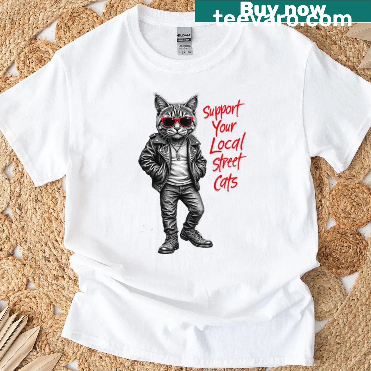 Illustrated t-shirt advocating for local street cats — on a men's t-shirt