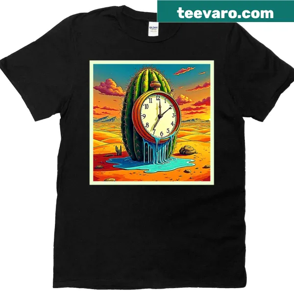 Surreal T-shirt featuring a clock set in a desert landscape illustration