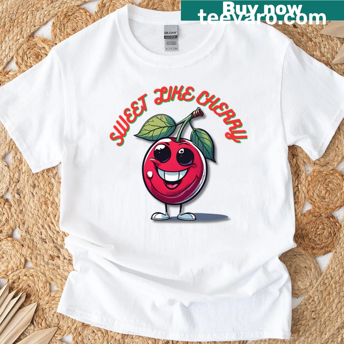 Cartoon cherry graphic on an oversized T-shirt — on a men's t-shirt