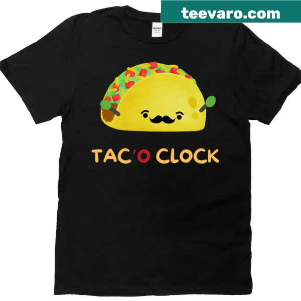 Whimsical illustration of a taco-themed clock on a t-shirt