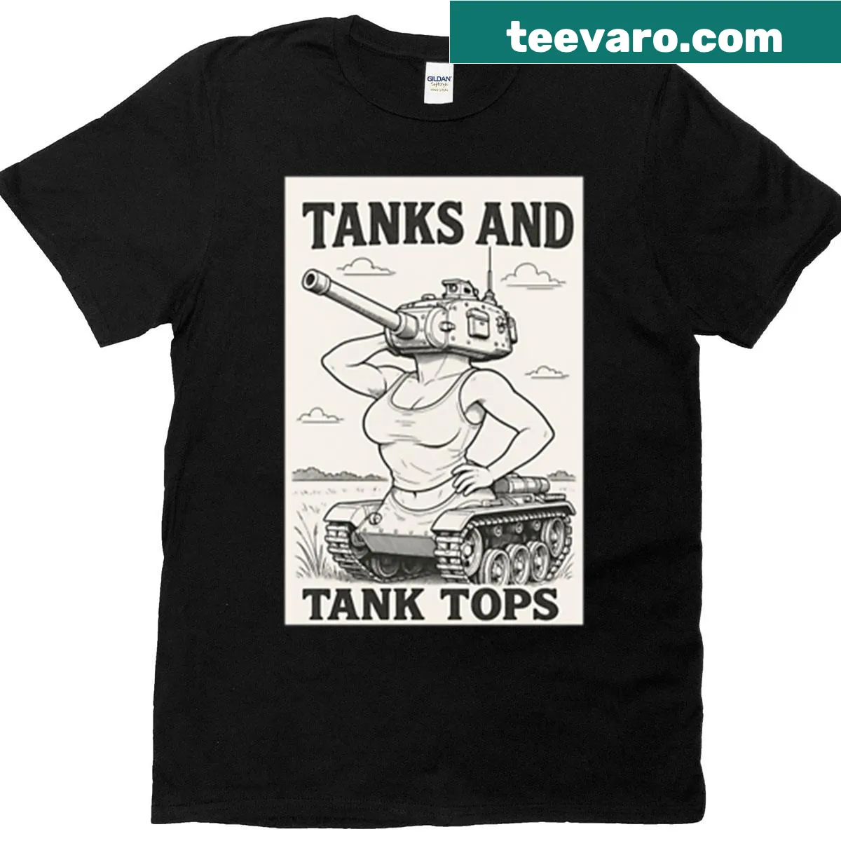 Funny graphic of a woman driving a tank turret with humorous political themes — on a men's t-shirt