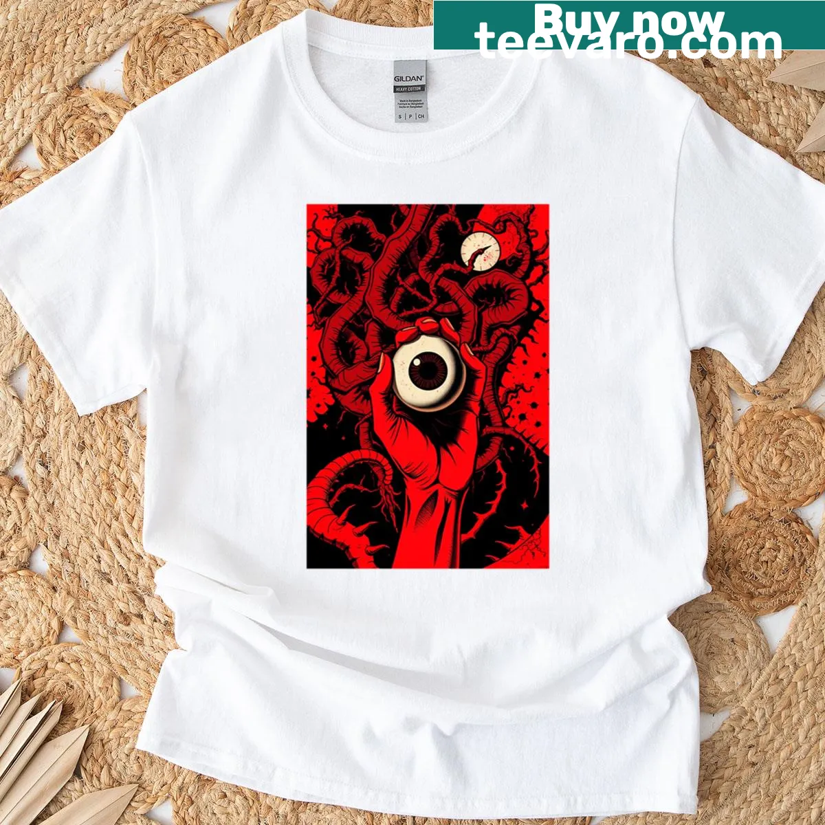 Symbolic eye graphic on T-shirt representing perception — on a men's t-shirt