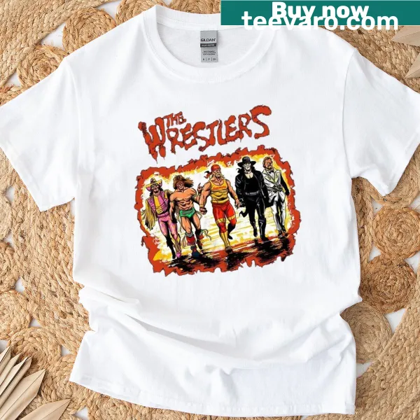 Illustration of wrestlers in action on a T-shirt.