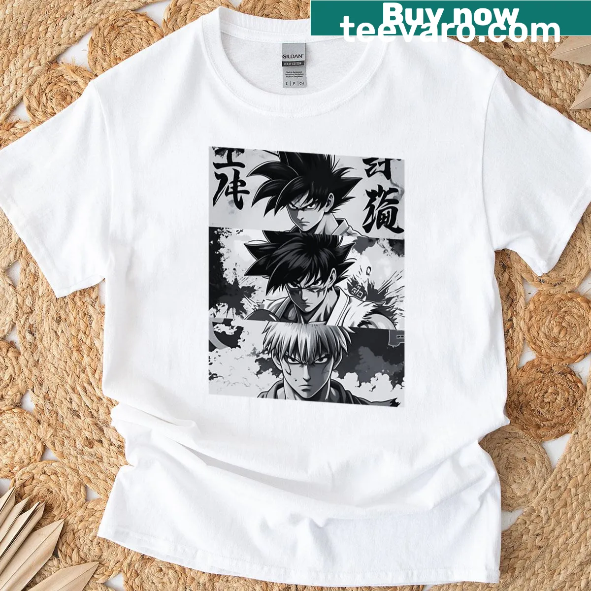 Oversized T-shirt featuring playful anime warriors illustration — on a men's t-shirt