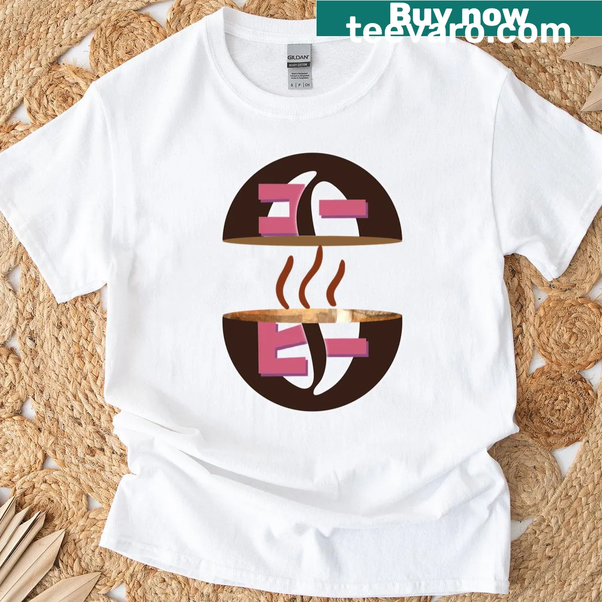 Pink T-shirt features Tullys Coffee Bean in split Japanese font — on a men's t-shirt