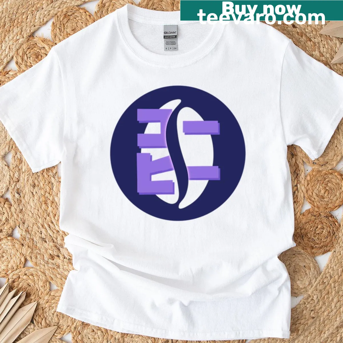 T-shirt features Tullys Coffee in purple Japanese font — on a men's t-shirt