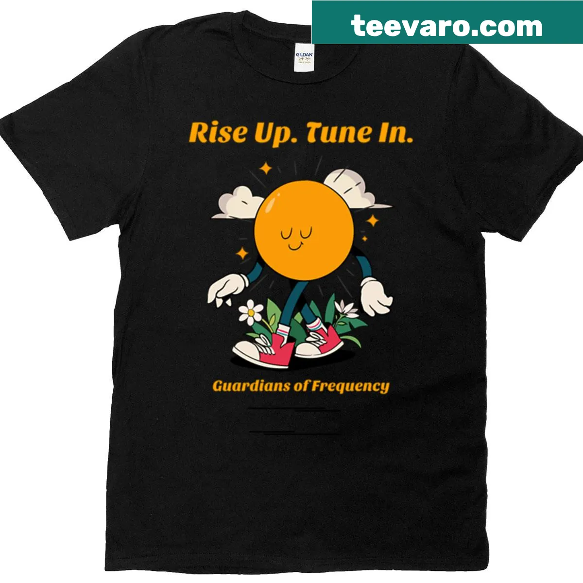 Inspirational T-shirt with 'Tune In Rise Up' text design — on a men's t-shirt