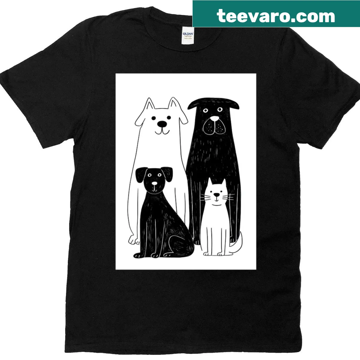 Vector illustration of various dog breeds in peaceful order — on a men's t-shirt