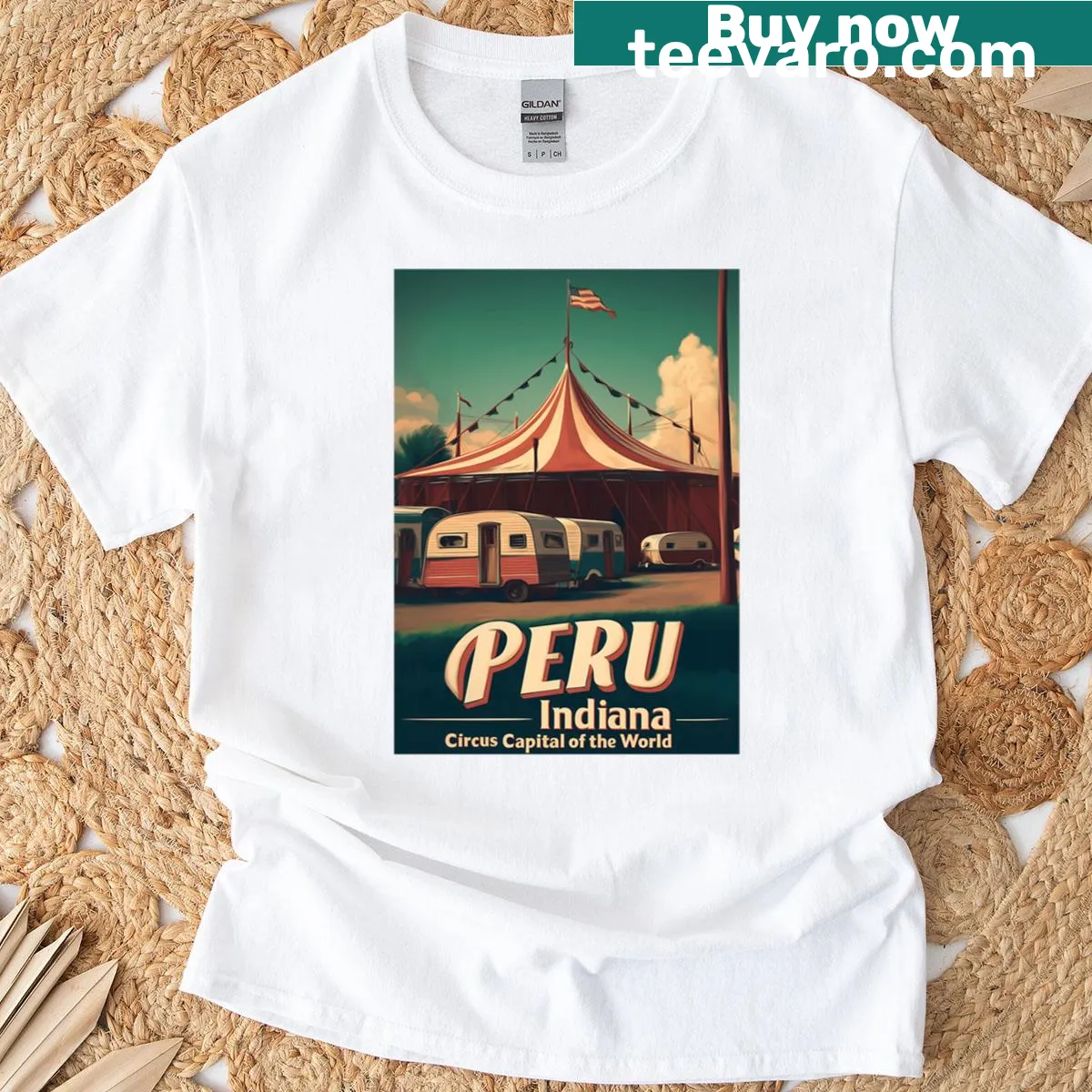 Vintage travel poster T-shirt featuring Peru, Indiana — on a men's t-shirt