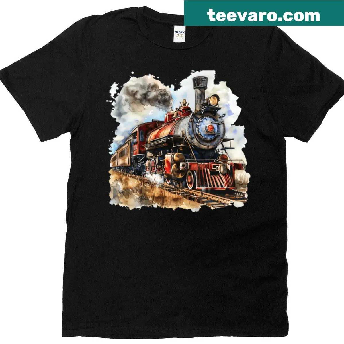 Watercolor train-themed oversized t-shirt featuring various trains — on a men's t-shirt