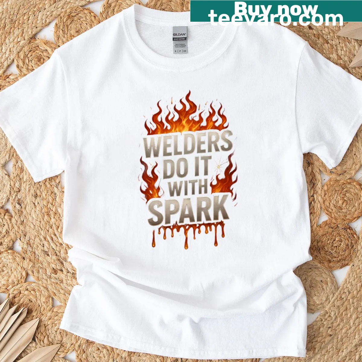 Oversized T-shirt featuring the phrase 'Welders Do It With Spark' in a playful design — on a men's t-shirt