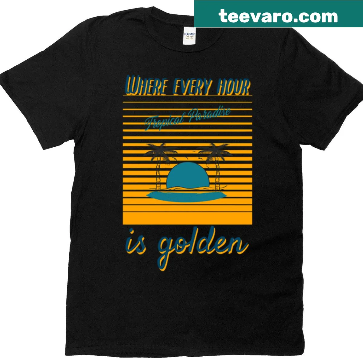 Illustrated t-shirt with the phrase 'Where Every Hour Is Golden' — on a men's t-shirt