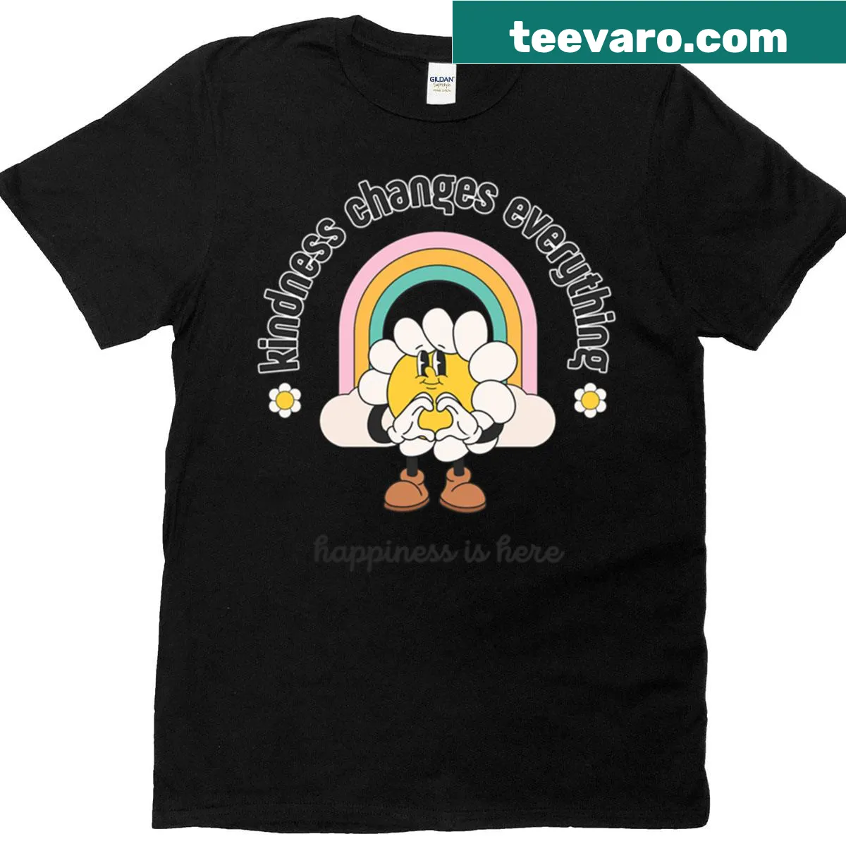 Oversized t-shirt with colorful quotes promoting happiness. — on a men's t-shirt