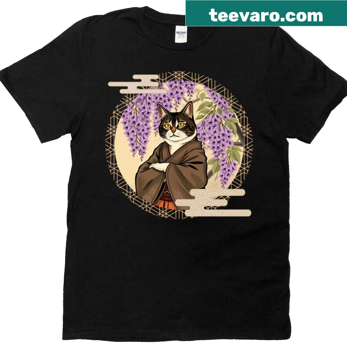 Samurai cat illustration surrounded by wisteria flowers — on a men's t-shirt
