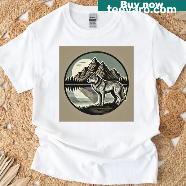 T-shirt featuring an illustration of a wolf, dog, and coyote