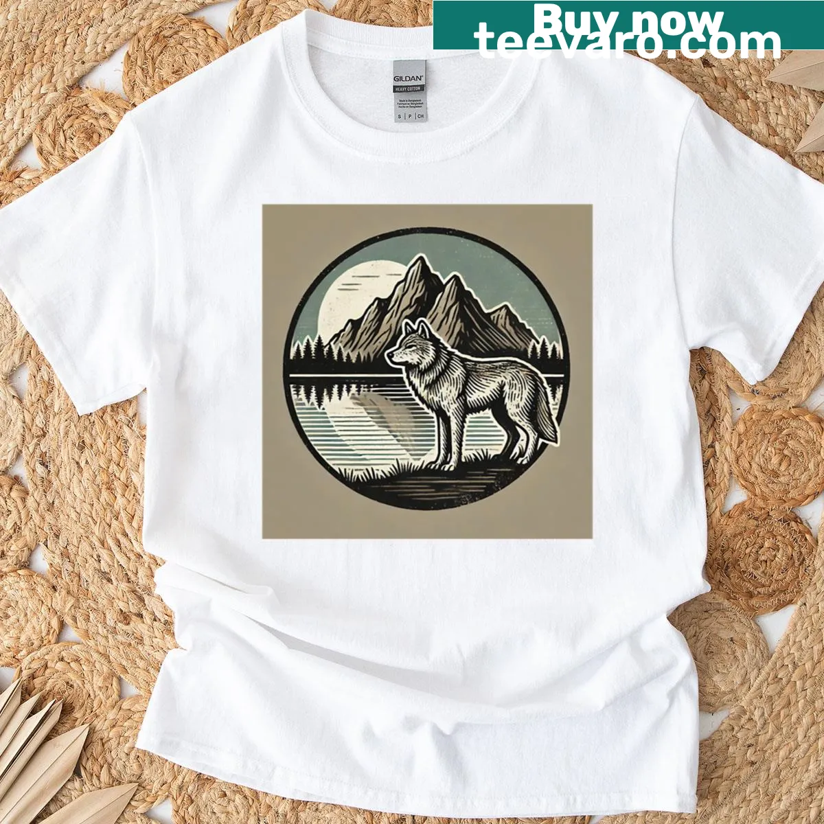 T-shirt featuring an illustration of a wolf, dog, and coyote — on a men's t-shirt
