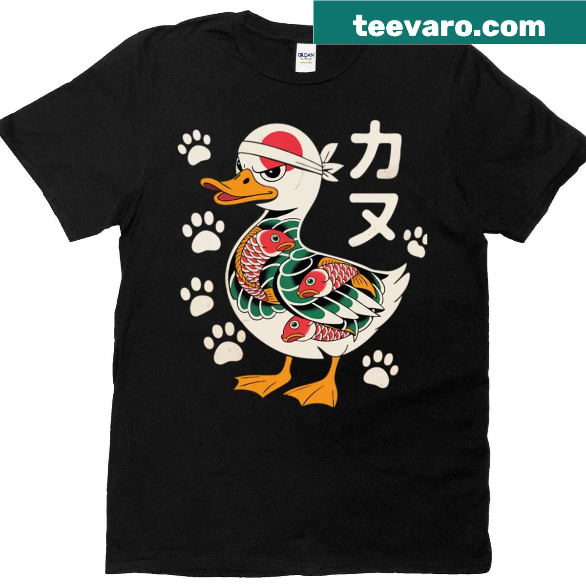 Cartoon graphic of a Yakuza-themed duck on a T-shirt — on a men's t-shirt