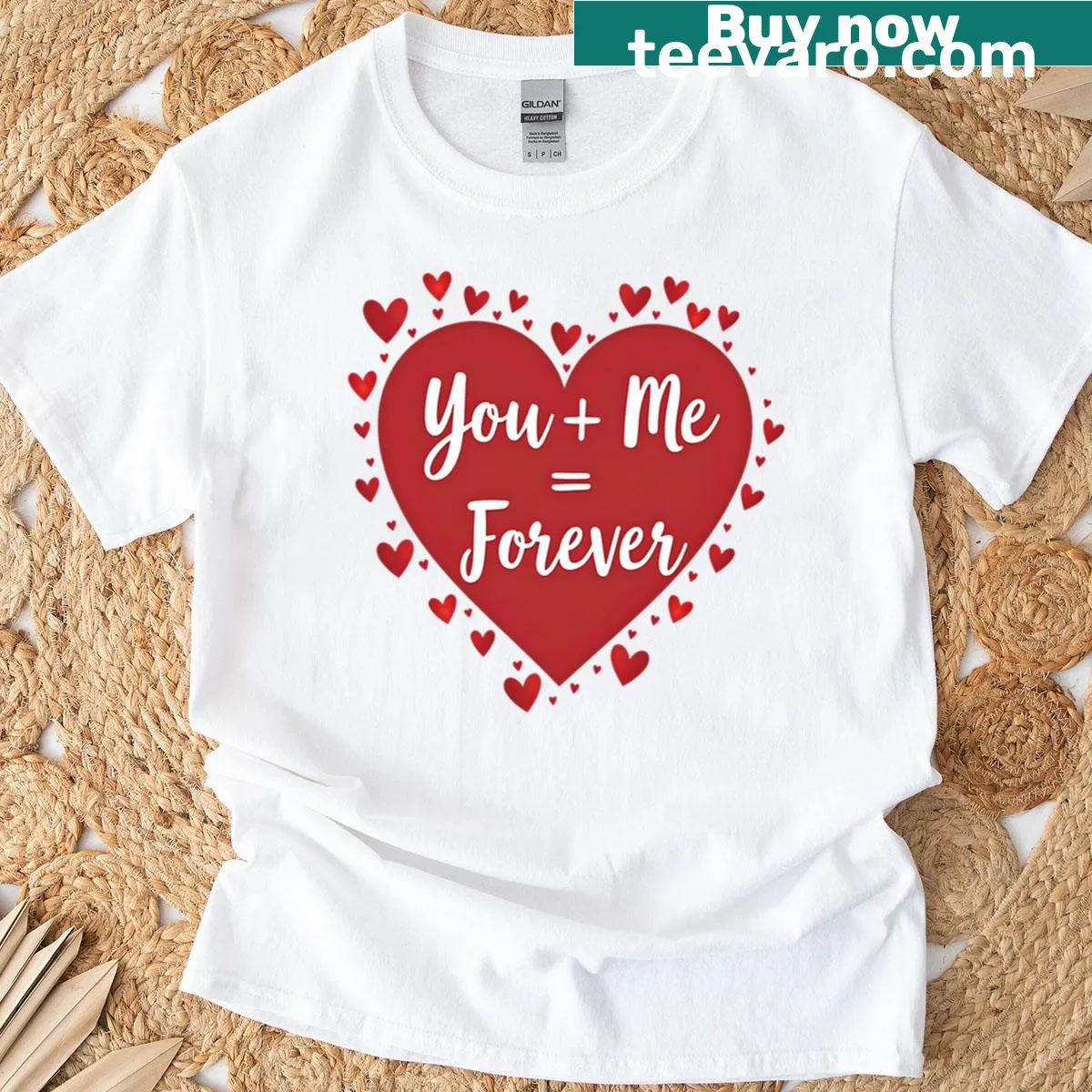 Typography t-shirt featuring the phrase You Plus Me Equals Forever — on a men's t-shirt