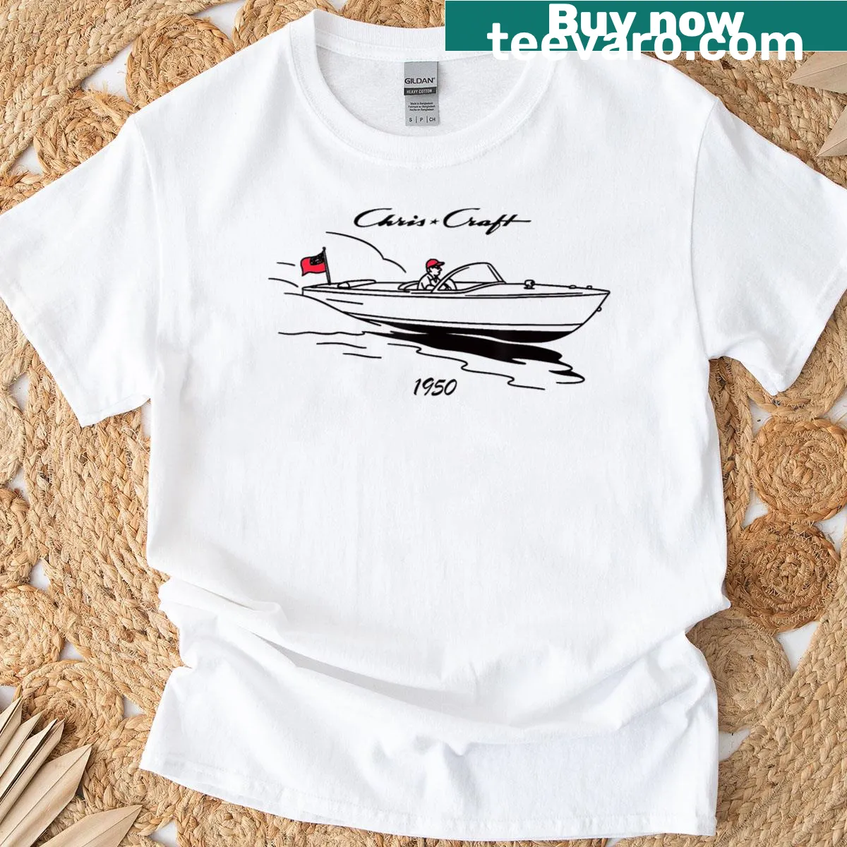 Vintage-inspired T-shirt featuring a 1950s Chris Craft boat print — on a men's t-shirt