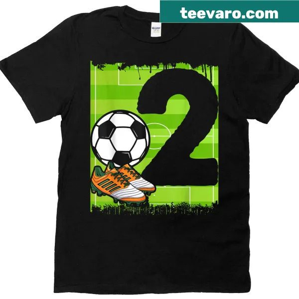 2nd birthday T-shirt featuring a soccer ball and shoes illustration