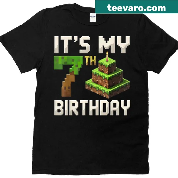 Illustrative gamer-themed 7th birthday t-shirt with pixel number