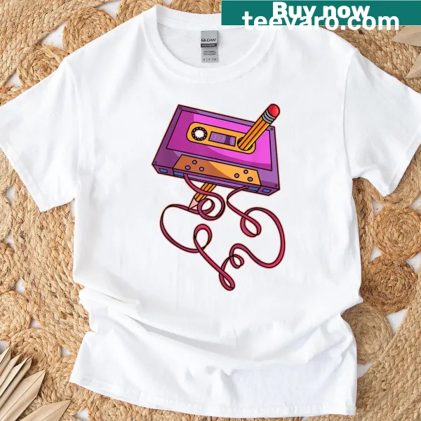 Retro 80s cassette tape and pencil graphic T-shirt
