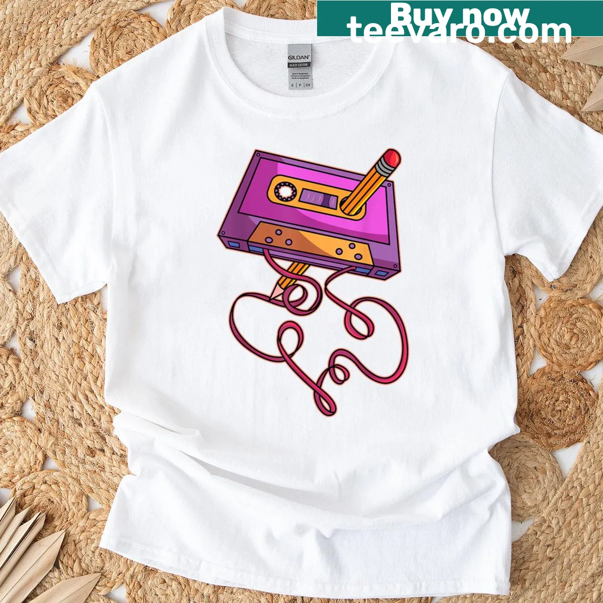 Retro 80s cassette tape and pencil graphic T-shirt — on a men's t-shirt