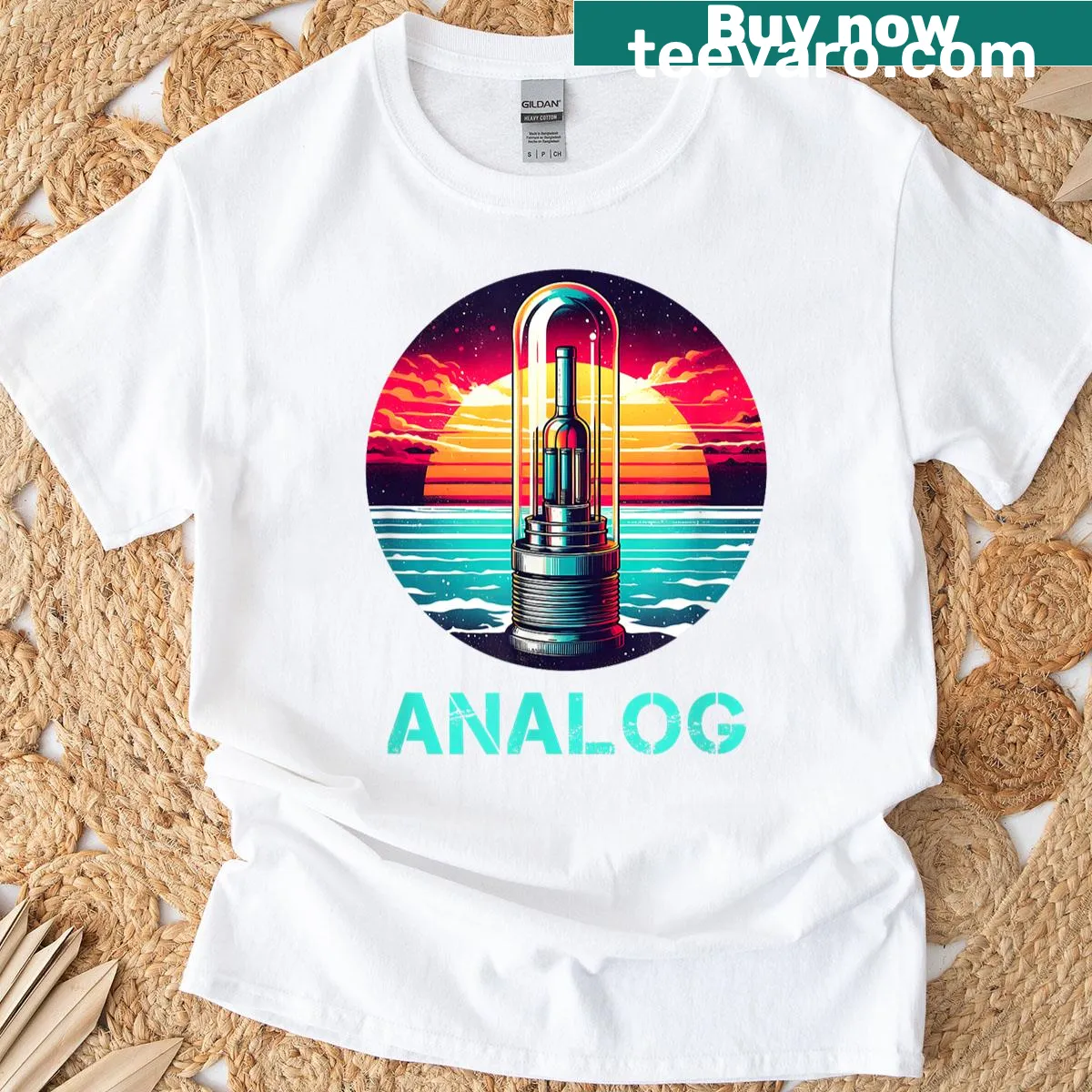Vintage retro T-shirt featuring a vacuum tube amp graphic — on a men's t-shirt