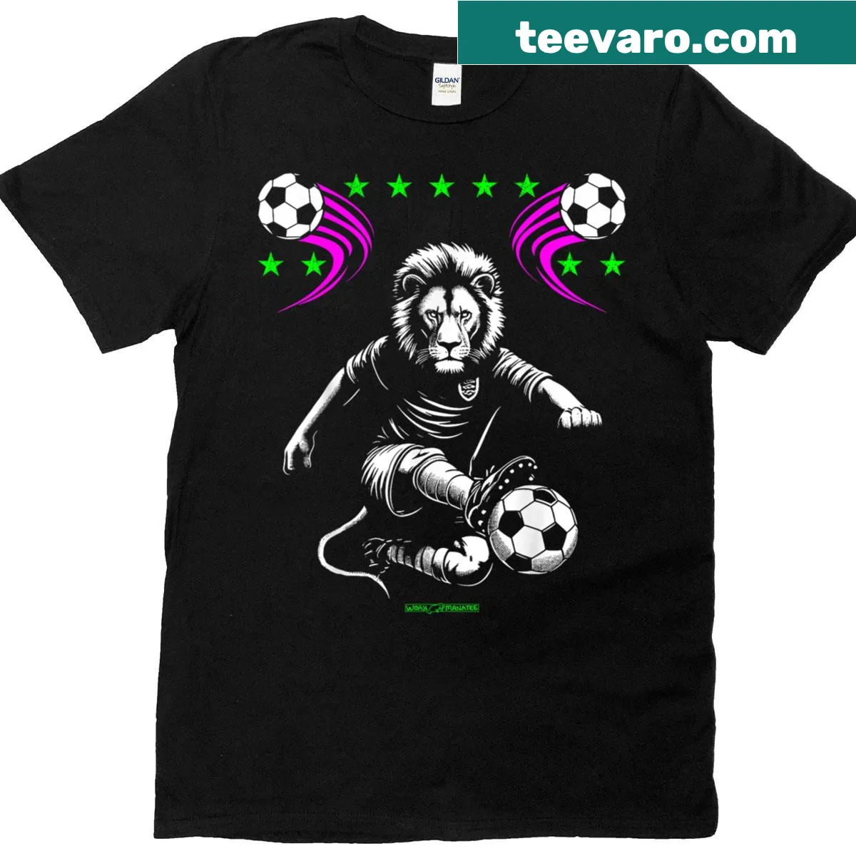 Funny soccer lion graphic T-shirt for soccer fans — on a men's t-shirt