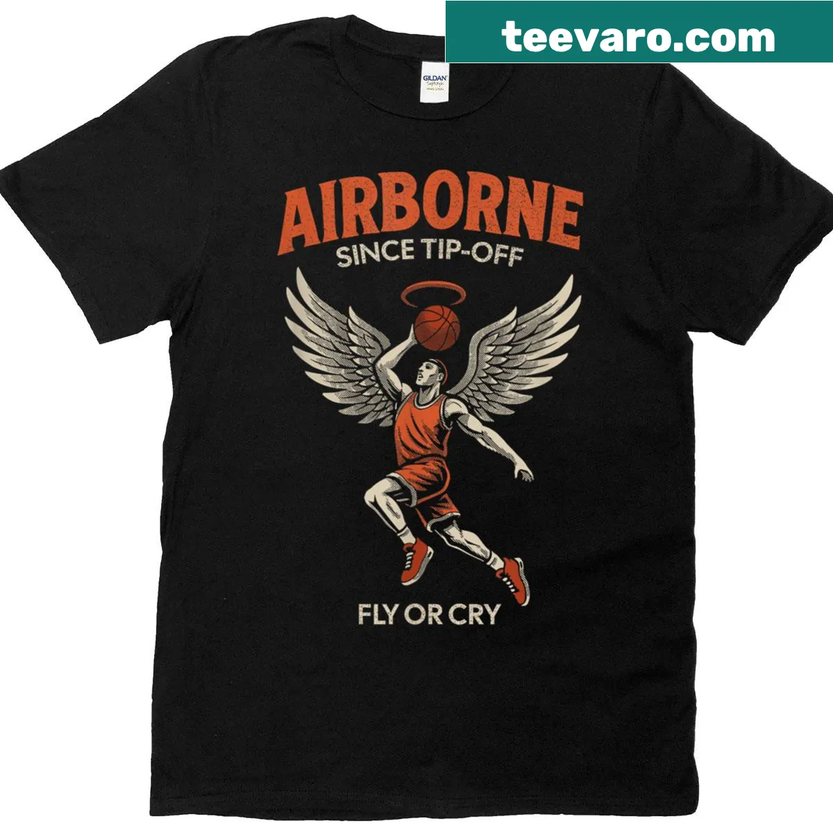 Winged basketball player graphic T-shirt for sports fans — on a men's t-shirt