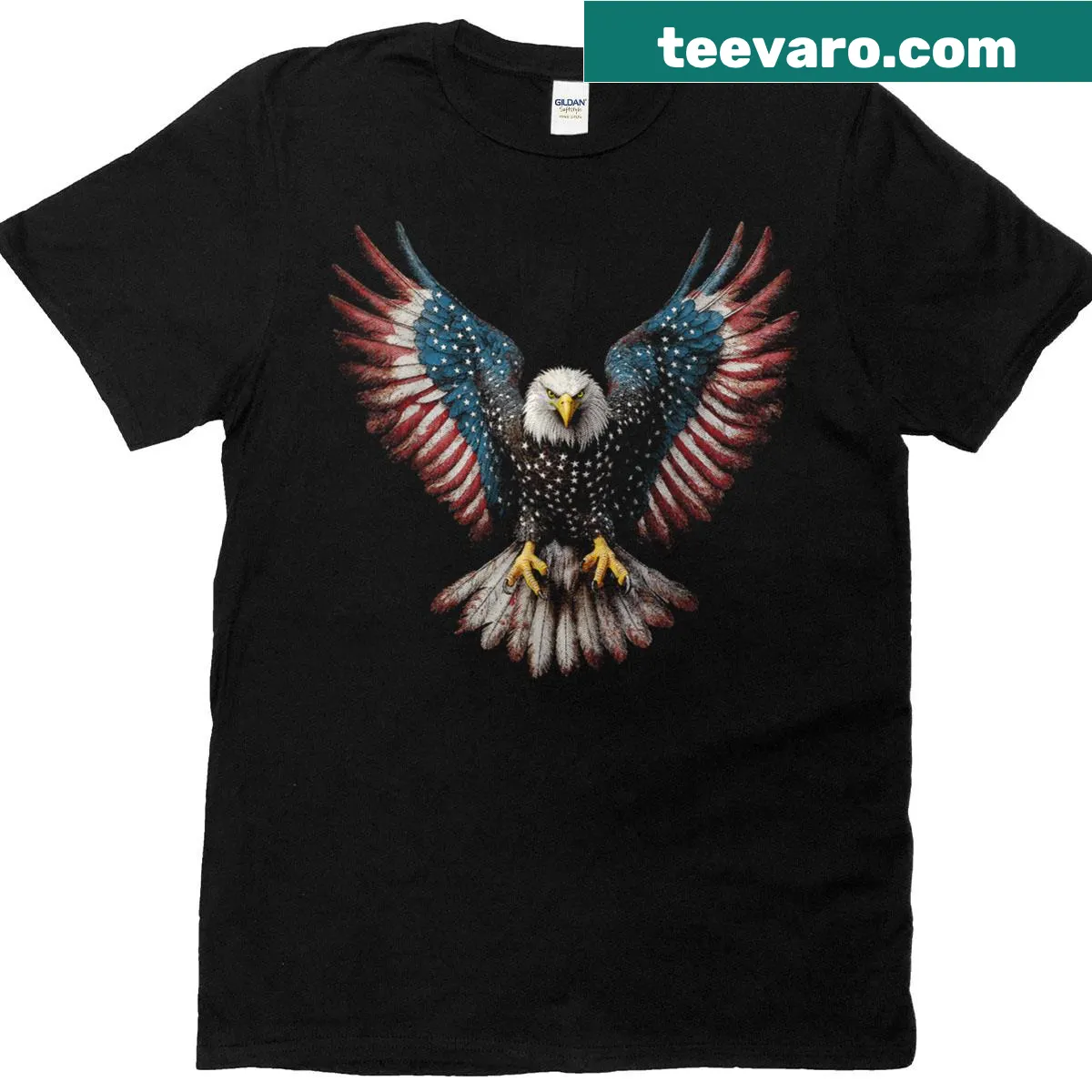 Patriotic t-shirt featuring bald eagle and American flag — on a men's t-shirt