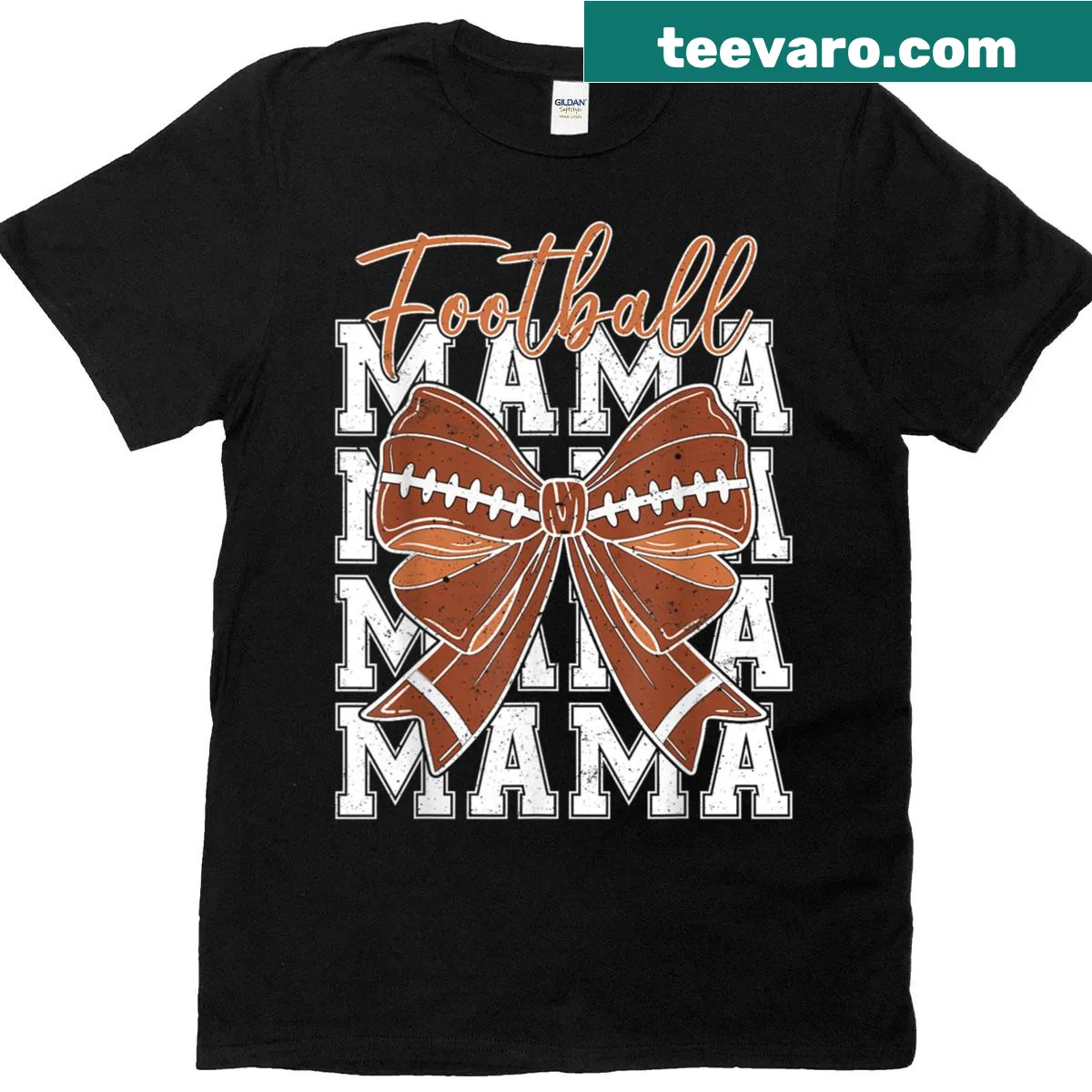 Football-themed t-shirt with 'Mama' text and bow design — on a men's t-shirt