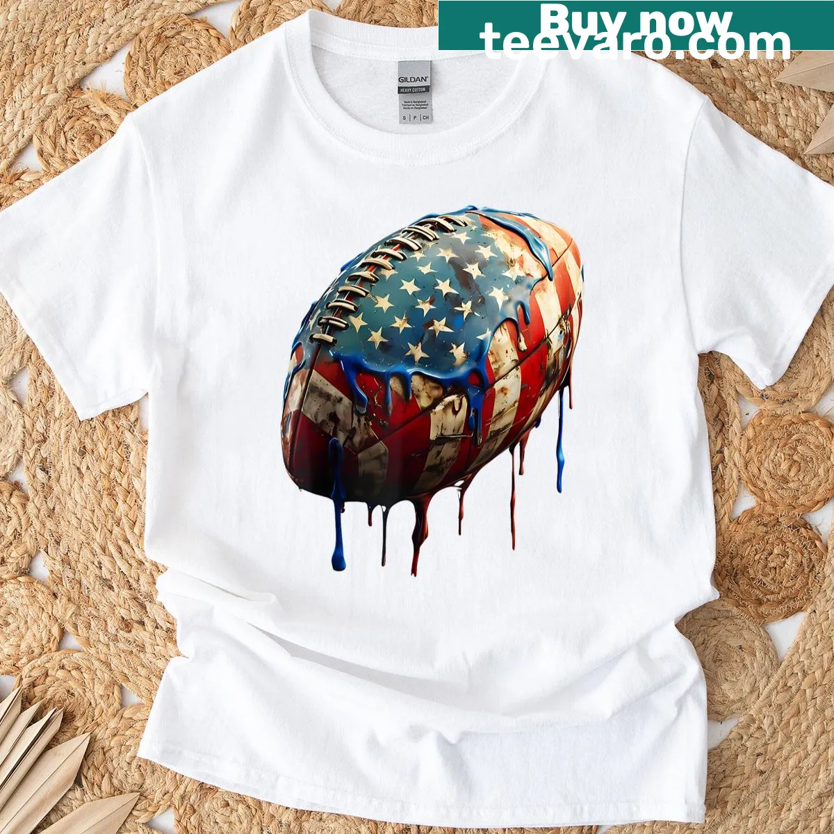 Graphic t-shirt showing American football and USA flag for Fourth of July. — on a men's t-shirt