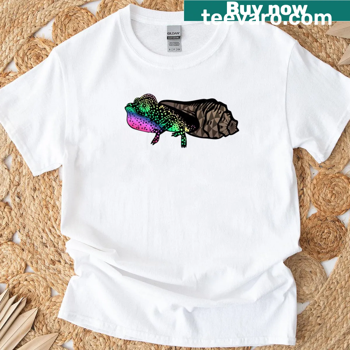 Whimsical Snailmeleon creature illustration on T-shirt — on a men's t-shirt