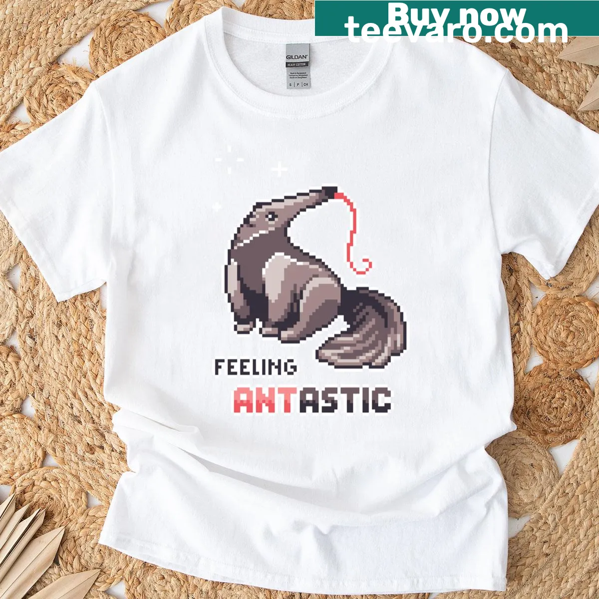 Minimalist pixel art T-shirt featuring an anteater — on a men's t-shirt