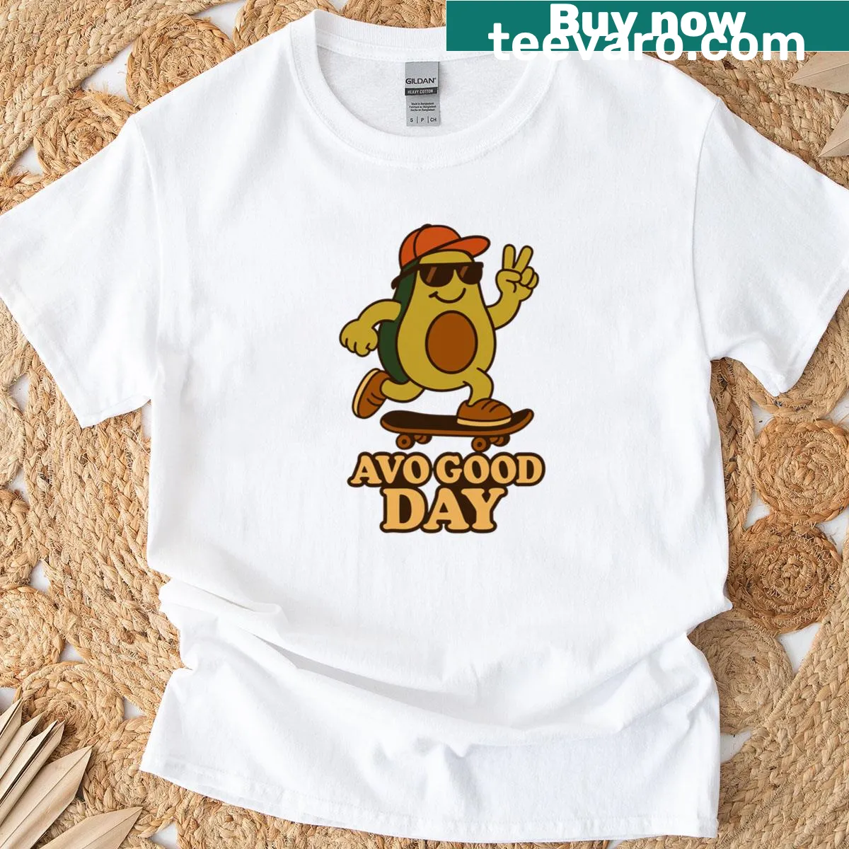 Playful avocado illustration on skateboard T-shirt — on a men's t-shirt