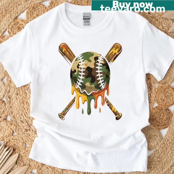 Camo-themed T-shirt with baseball bats in a drip effect
