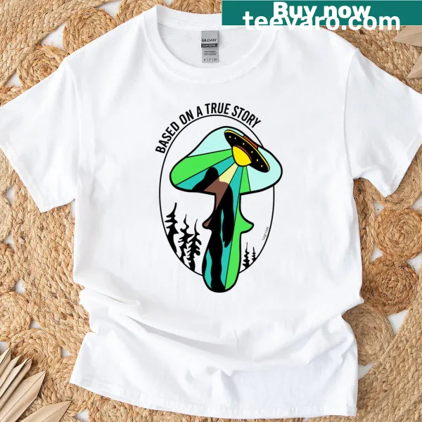 Illustration of Bigfoot under UFO on T-shirt