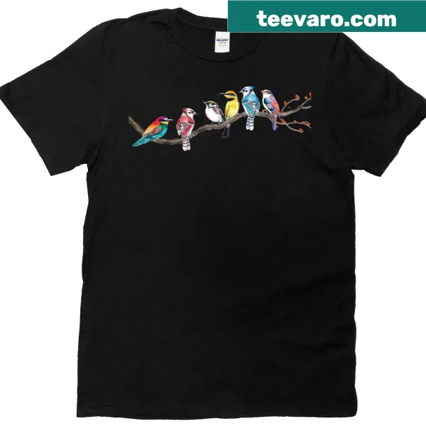 Birding T-shirt with an illustration of birds on a branch