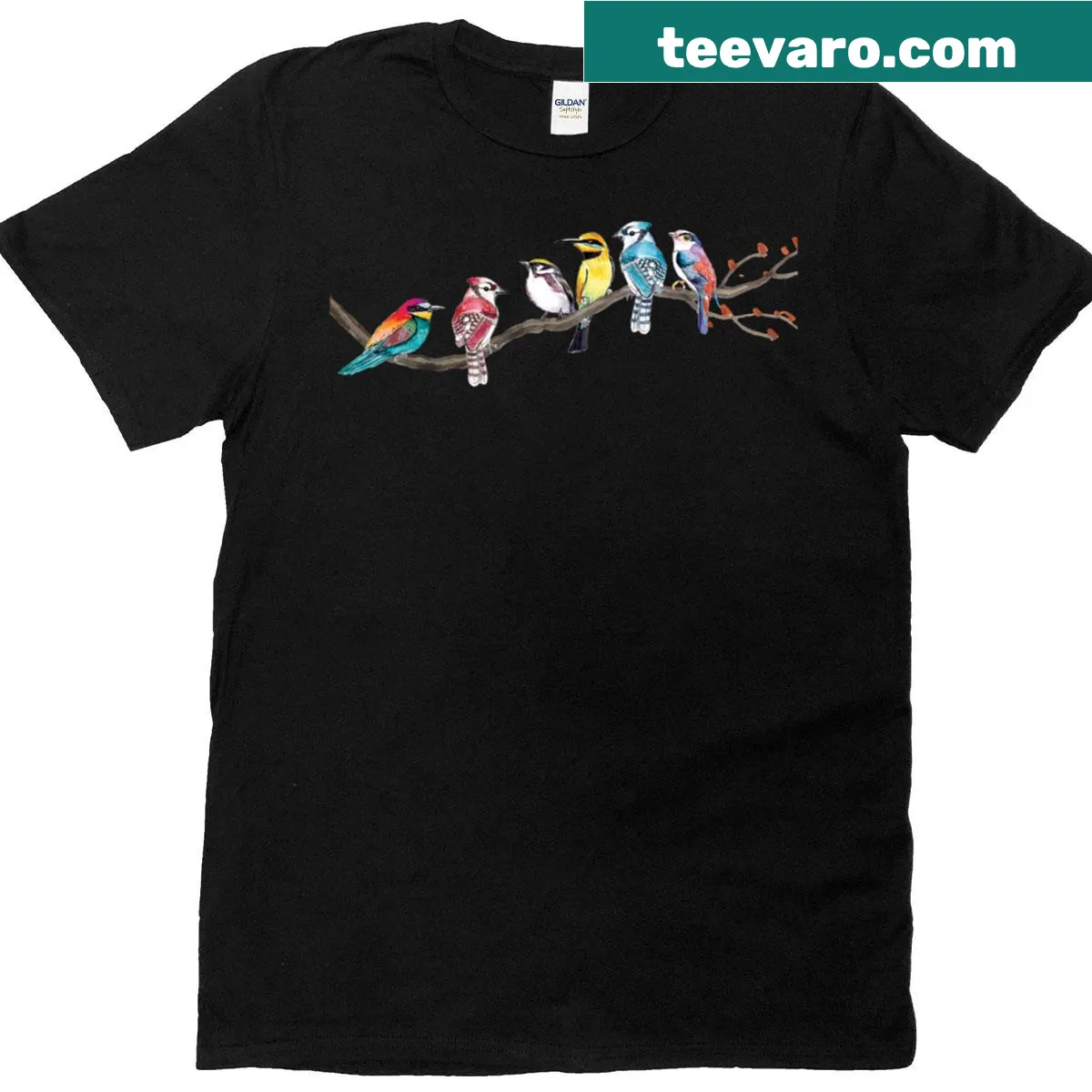 Birding T-shirt with an illustration of birds on a branch — on a men's t-shirt