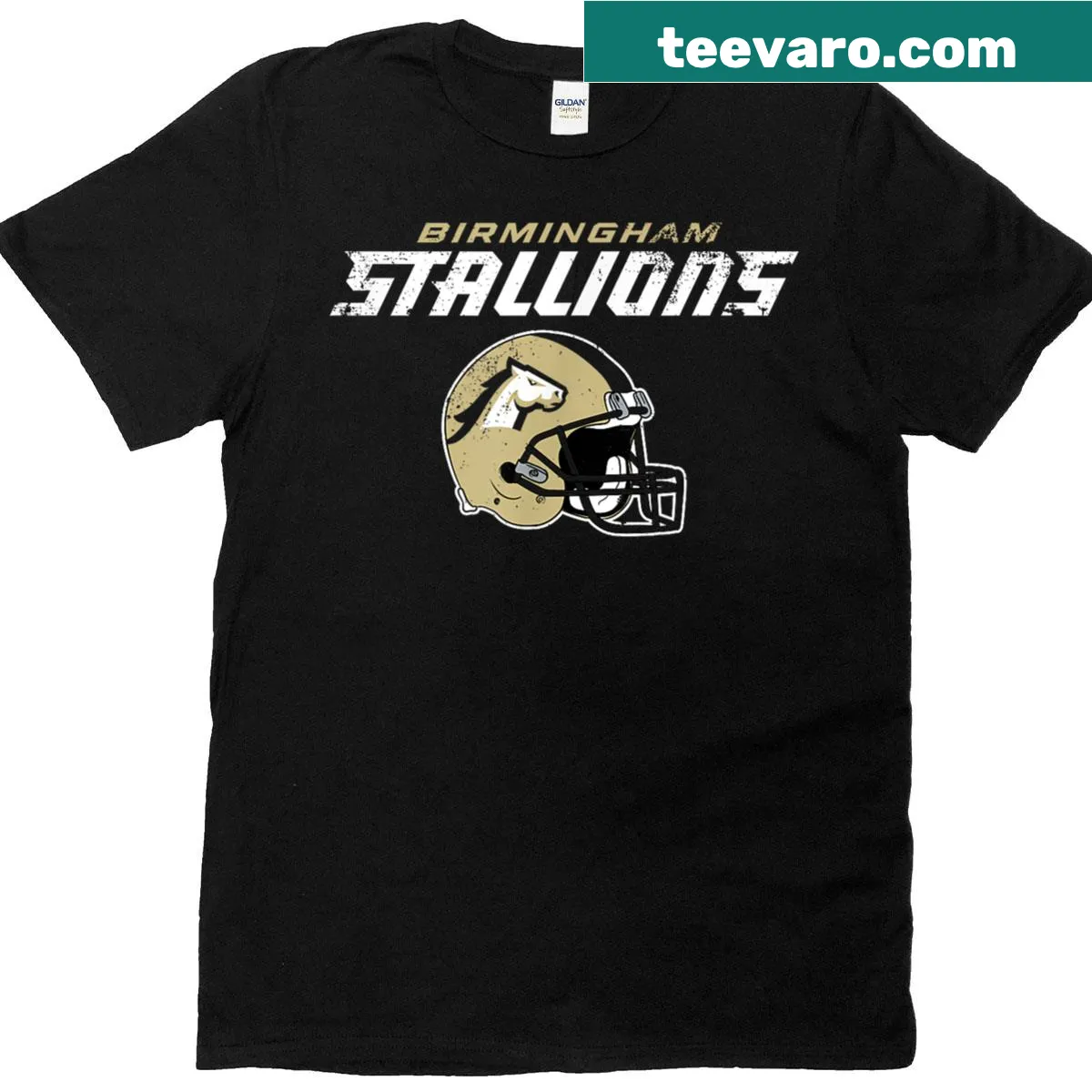 Vintage Birmingham Stallions helmet graphic t-shirt — on a men's t-shirt