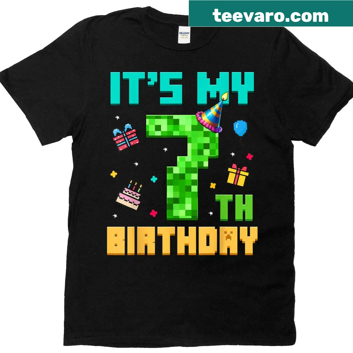 7th birthday video game pixel number t-shirt for kids — on a men's t-shirt