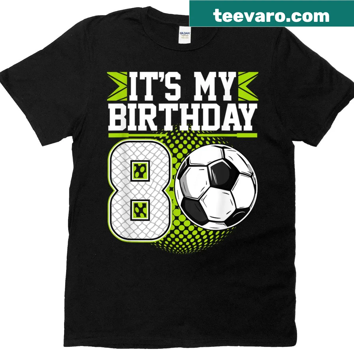 Bold typography birthday shirt with soccer theme for 8-year-old boys — on a men's t-shirt